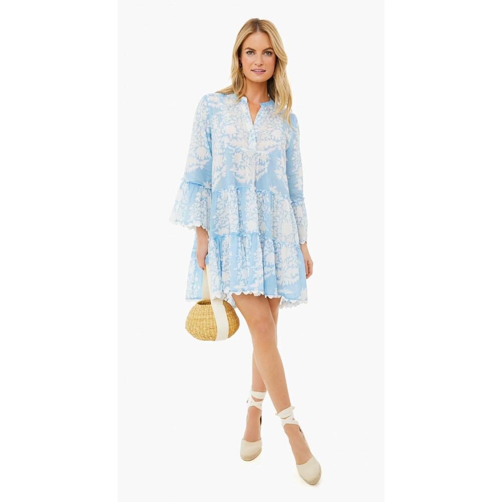 Juliet Dunn Tuckernuck Pastel Blue Palladio Print Bell Sleeve Mini Dress Coverup